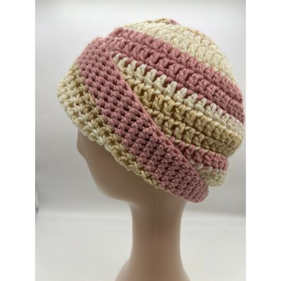 Knit Woven Wide Pink Cream Stripe Beanie Knit Hat Outdoors Coquette XS - Picture 3 of 9